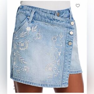 Brand New Aqua Embroidered Denim Skirt